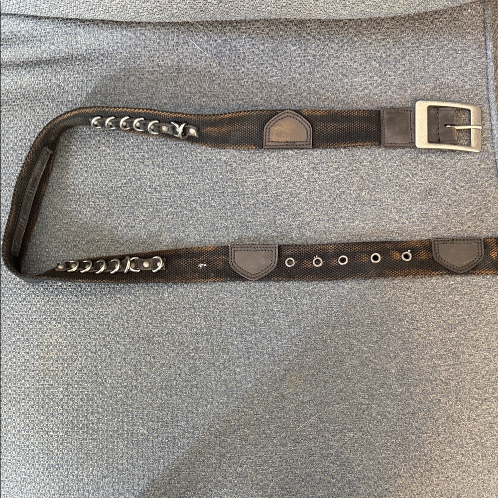 Black & brown patterned fabric belt with decorative  metal details